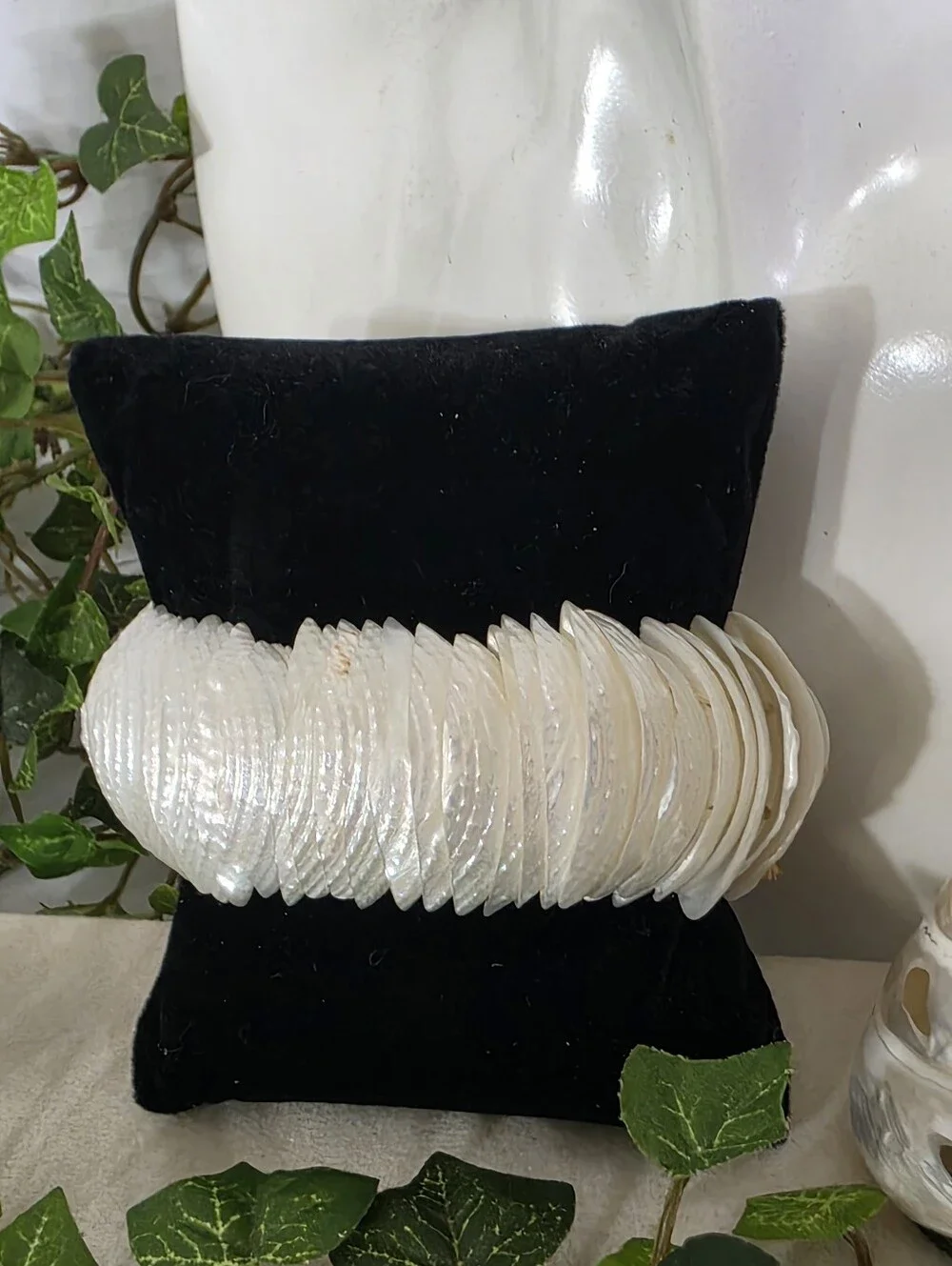 Natural White Mother of Pearl Seashell Stacked Stretch Cuff Bracelet